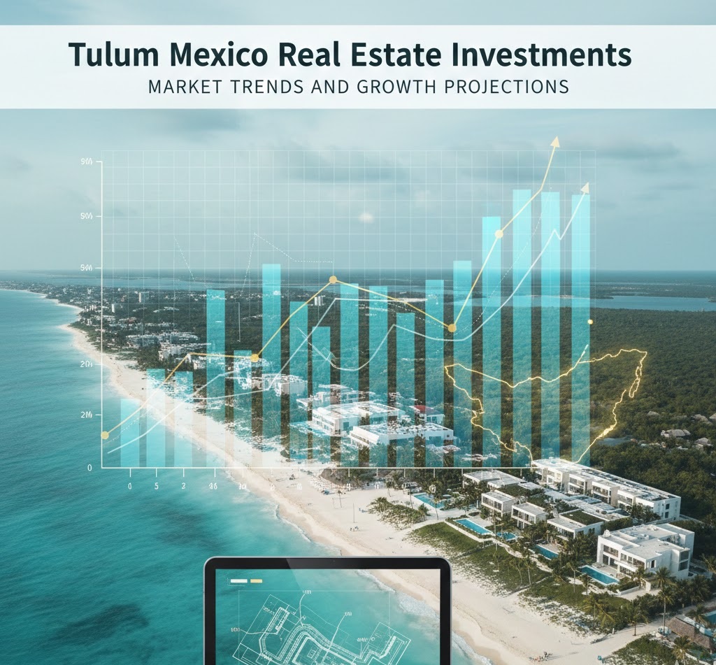 Aerial view of luxury beachfront real estate developments in Tulum, Mexico, representing market growth and investment trends.