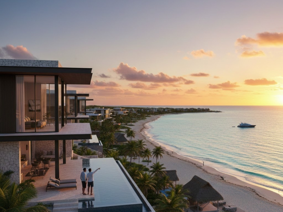 Modern luxury beachfront investment villas in Mexico at sunset overlooking the Caribbean sea for high-yield real estate investors.