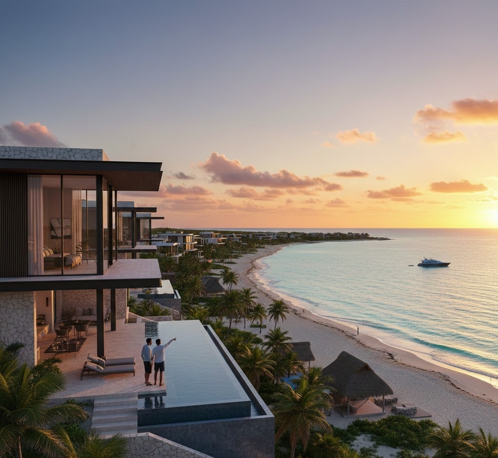 Modern luxury beachfront investment villas in Mexico at sunset overlooking the Caribbean sea for high-yield real estate investors.