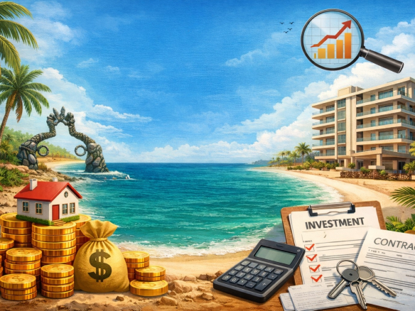 Playa del Carmen beachfront real estate investment concept with condo, beach, coins, and property documents representing 2026 market opportunities