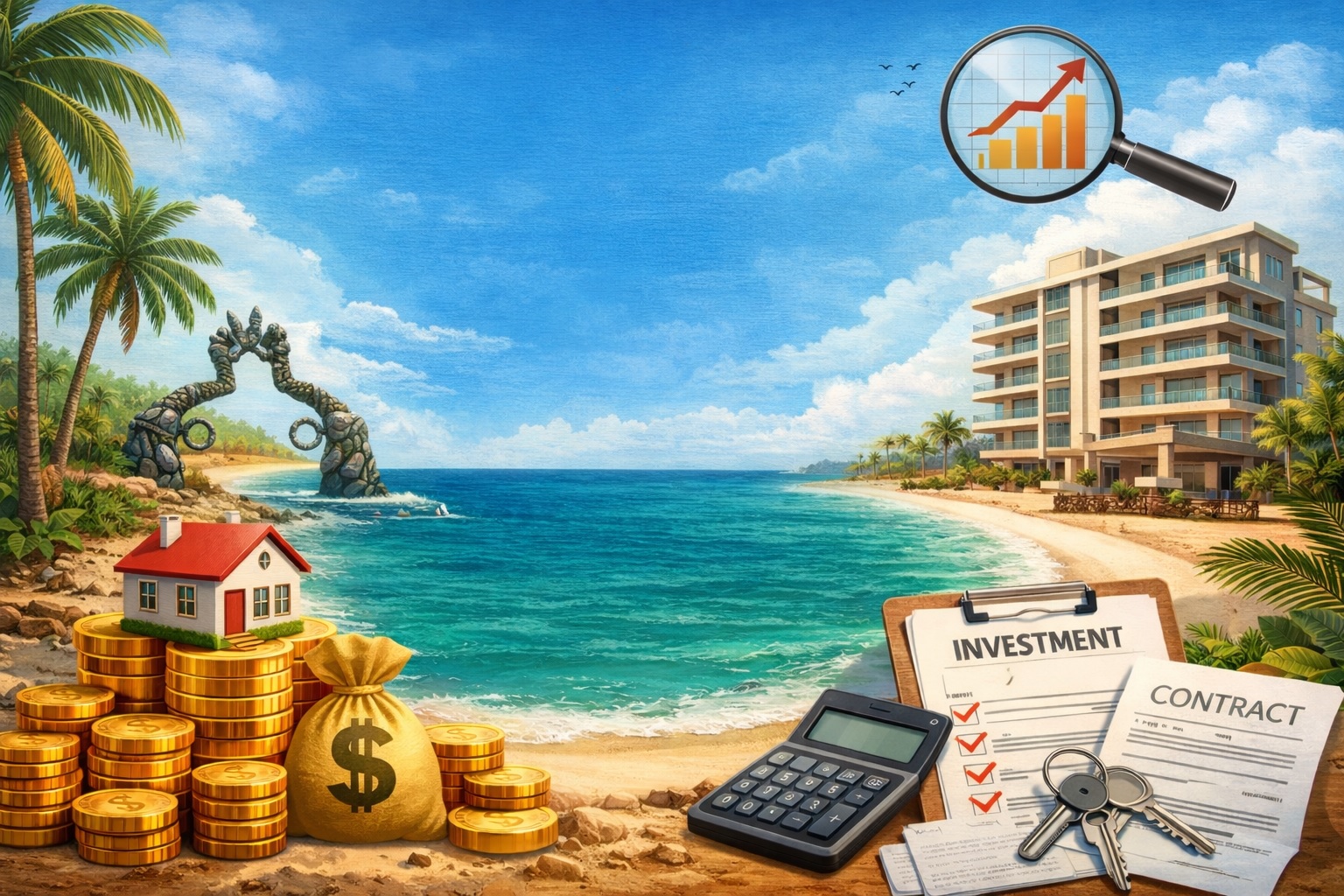 Playa del Carmen beachfront real estate investment concept with condo, beach, coins, and property documents representing 2026 market opportunities