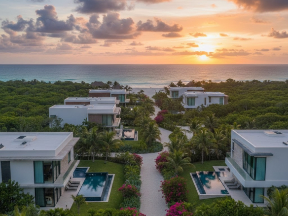 Luxury modern villas with private pools in Playacar Riviera Maya at sunset near the Caribbean beach
