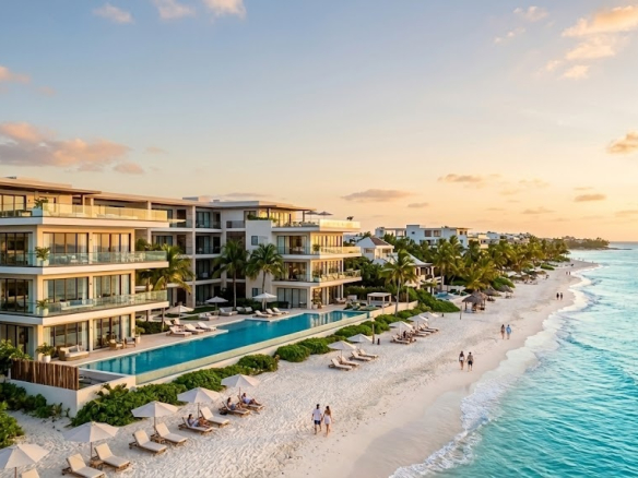 Aerial view of a luxury beachfront resort in the Caribbean at sunset. The modern resort features multiple pools, palm trees, and is situated on a white-sand beach. The turquoise ocean has small waves and sailboats can be seen in the distance. People are walking on the beach and lounging.
