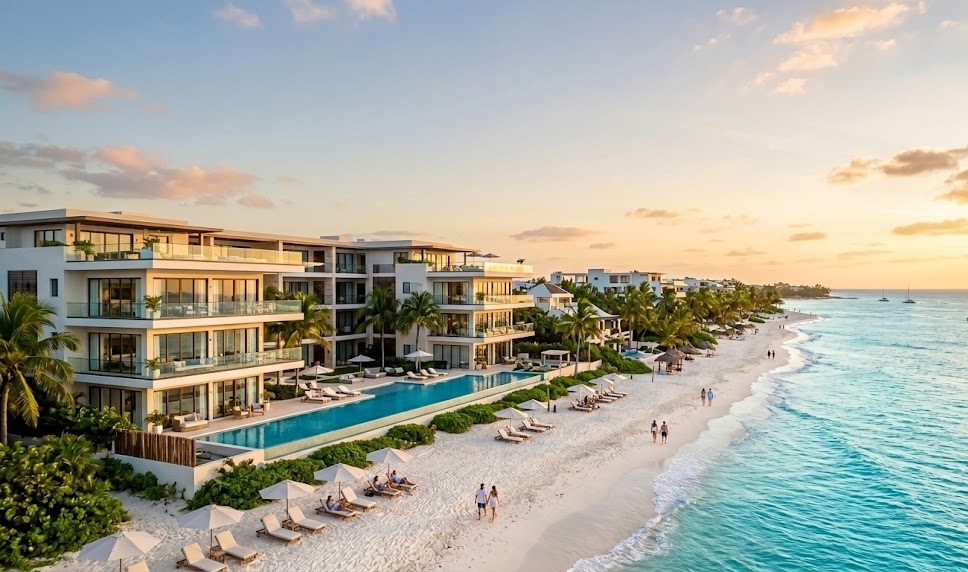 Aerial view of a luxury beachfront resort in the Caribbean at sunset. The modern resort features multiple pools, palm trees, and is situated on a white-sand beach. The turquoise ocean has small waves and sailboats can be seen in the distance. People are walking on the beach and lounging.