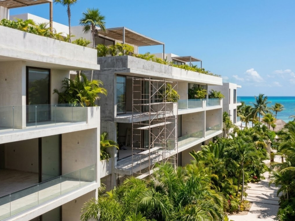 A modern, multi-story beach resort development under construction in a tropical, coastal location, featuring white concrete structures, multiple levels of balconies with glass railings, and natural wood shading pergolas, set against a backdrop of a turquoise ocean and a clear blue sky, with abundant palm trees and lush green landscaping.