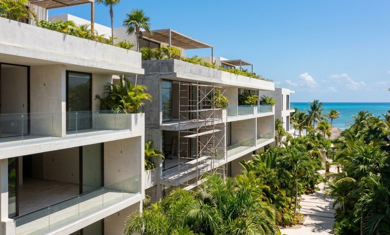 A modern, multi-story beach resort development under construction in a tropical, coastal location, featuring white concrete structures, multiple levels of balconies with glass railings, and natural wood shading pergolas, set against a backdrop of a turquoise ocean and a clear blue sky, with abundant palm trees and lush green landscaping.