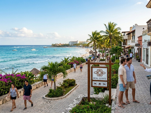 A professional real estate agent showing luxury property options to a couple on a scenic coastal walkway in Playa del Carmen, Mexico, with turquoise ocean views and tropical architecture in the background.