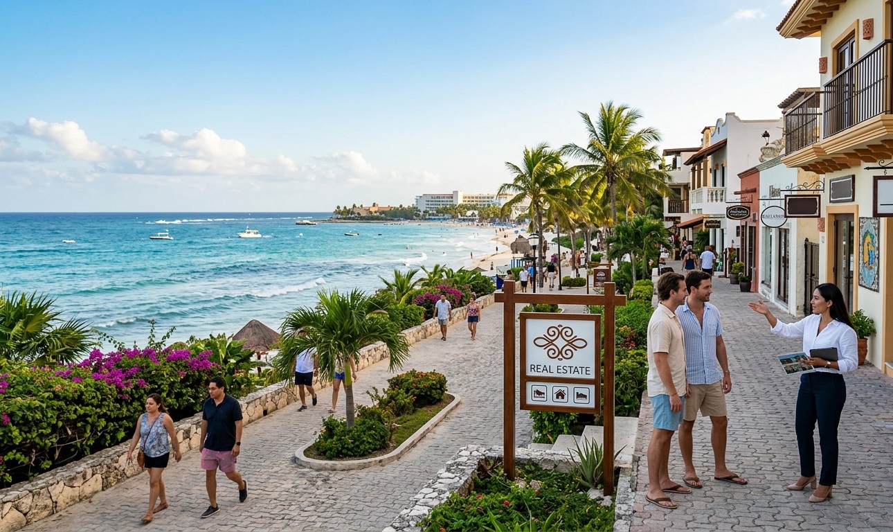 A professional real estate agent showing luxury property options to a couple on a scenic coastal walkway in Playa del Carmen, Mexico, with turquoise ocean views and tropical architecture in the background.