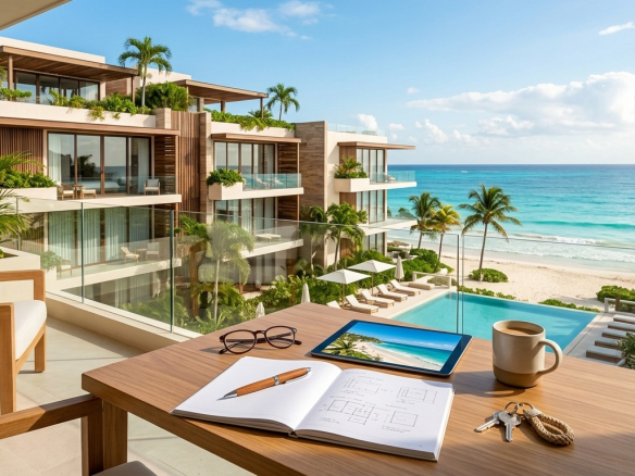 A scenic, first-person photograph taken from the balcony of a luxury beachfront condominium. The image captures a wooden table with an open notebook, pen, glasses, a tablet displaying a coastal photo, keys, and a coffee mug. In the background, a modern multi-story complex with glass balconies overlooks an outdoor swimming pool, a palm-tree-lined sandy beach, and the turquoise water of the ocean under a partly cloudy sky with a sailboat in the distance.