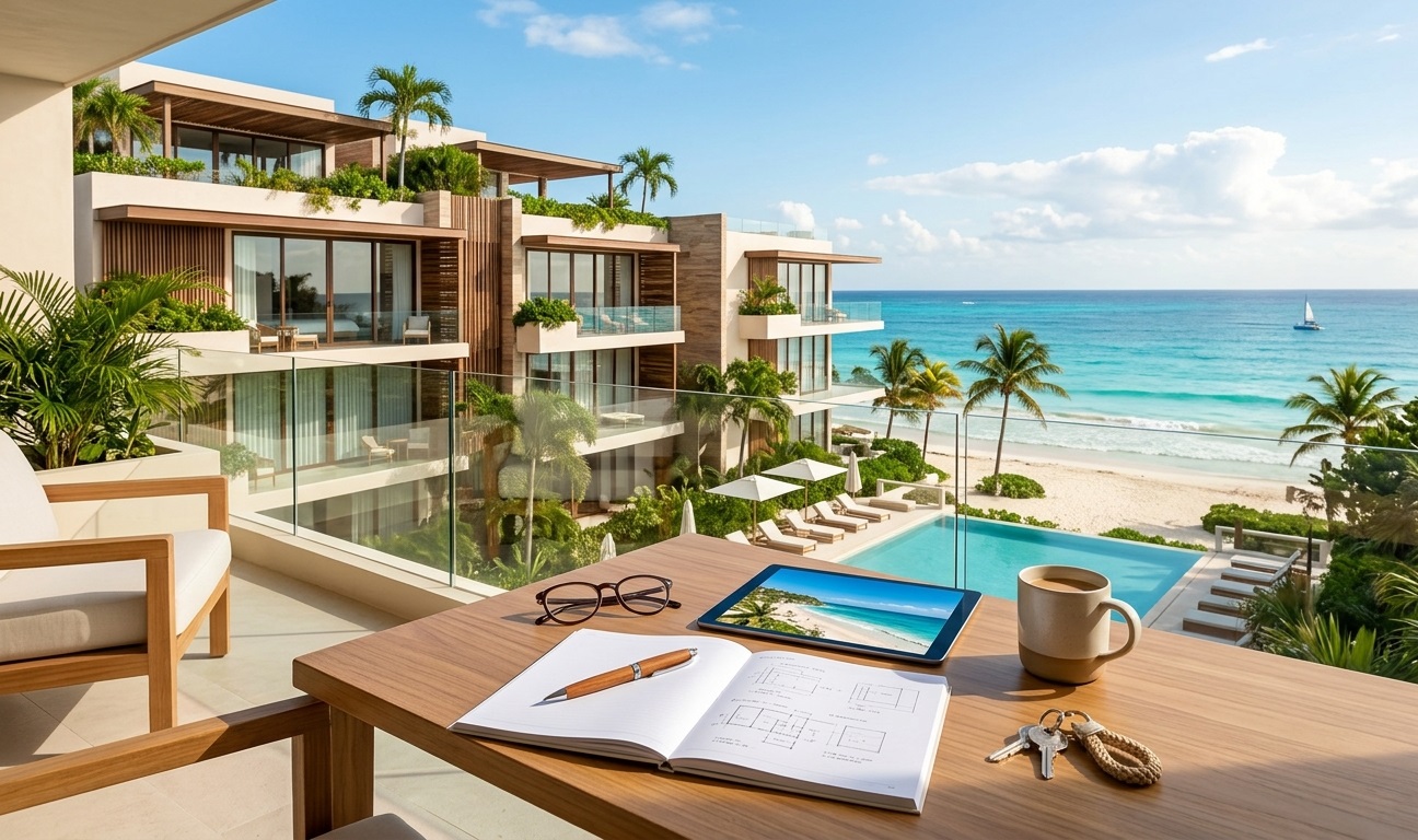 A scenic, first-person photograph taken from the balcony of a luxury beachfront condominium. The image captures a wooden table with an open notebook, pen, glasses, a tablet displaying a coastal photo, keys, and a coffee mug. In the background, a modern multi-story complex with glass balconies overlooks an outdoor swimming pool, a palm-tree-lined sandy beach, and the turquoise water of the ocean under a partly cloudy sky with a sailboat in the distance.