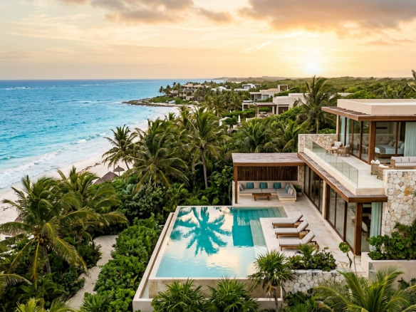 A luxury modern villa in Tulum, Mexico, featuring an infinity pool overlooking a white sand beach and the turquoise Caribbean Sea at sunset, representing high-yield real estate investment opportunities.