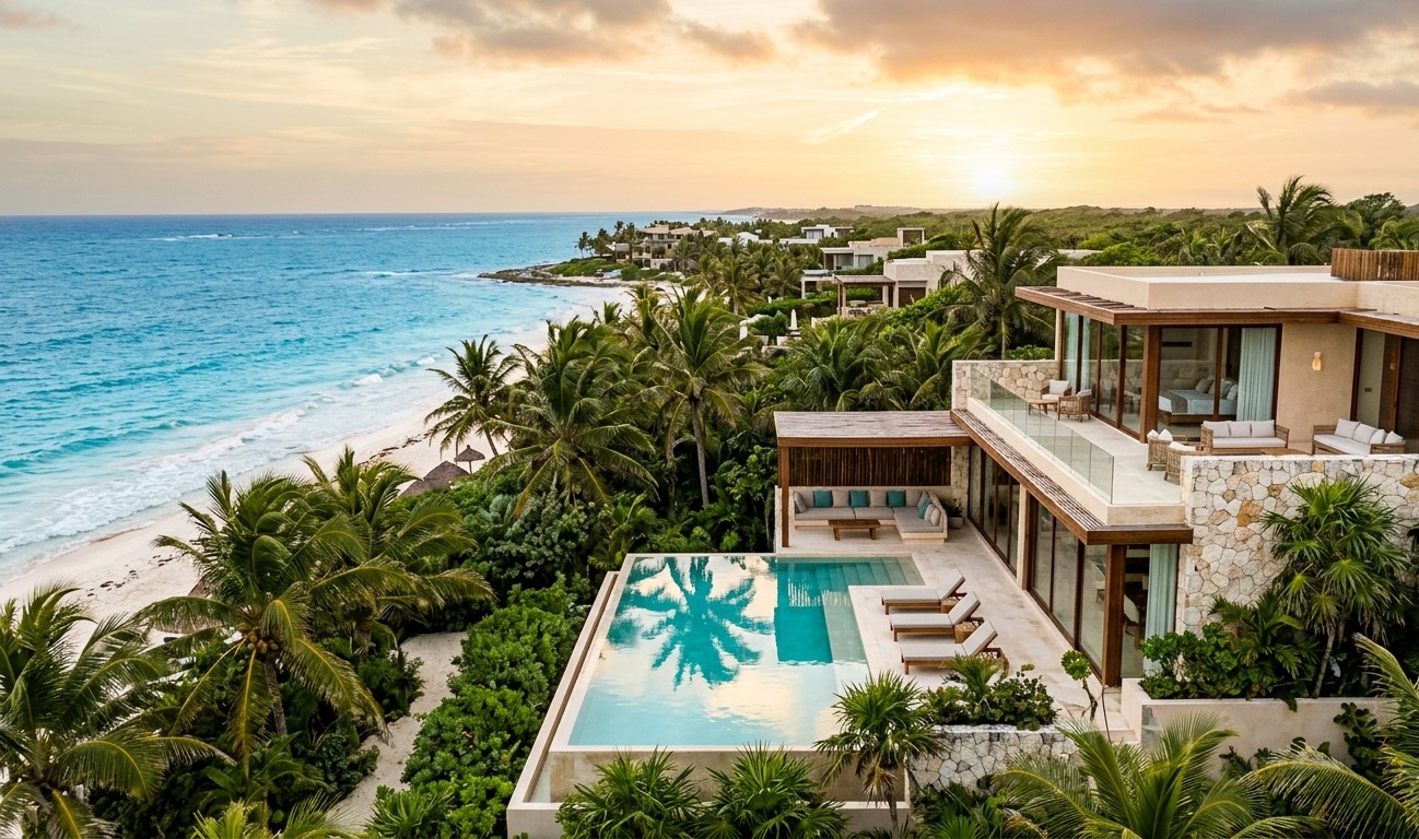 A luxury modern villa in Tulum, Mexico, featuring an infinity pool overlooking a white sand beach and the turquoise Caribbean Sea at sunset, representing high-yield real estate investment opportunities.