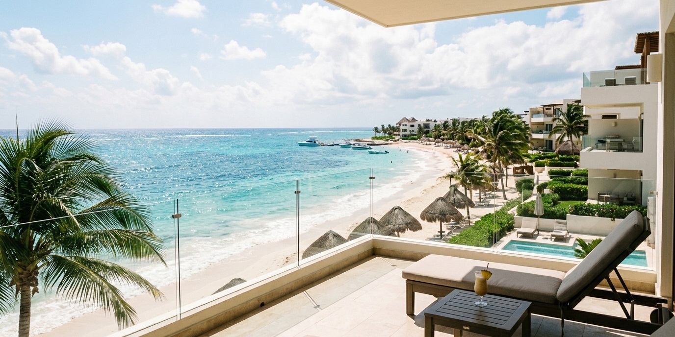 An ocean-view balcony and private terrace of luxurious, contemporary Akumal beachfront condos for sale, featuring high-rise buildings, comfortable lounge chairs, and direct beach access.