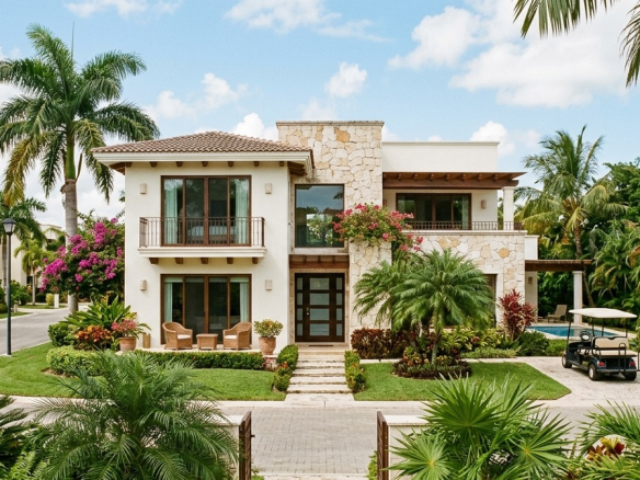Luxury two-story villa for sale in Playacar Phase 2 gated community, Playa del Carmen, featuring modern Mexican architecture, tropical landscaping, and a golf cart on the driveway.