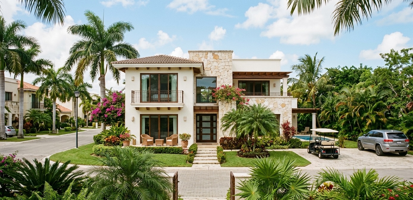 Luxury two-story villa for sale in Playacar Phase 2 gated community, Playa del Carmen, featuring modern Mexican architecture, tropical landscaping, and a golf cart on the driveway.