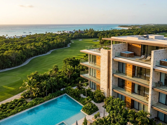 Modern luxury condos overlooking a golf course and the ocean at Tulum Country Club in Mexico.