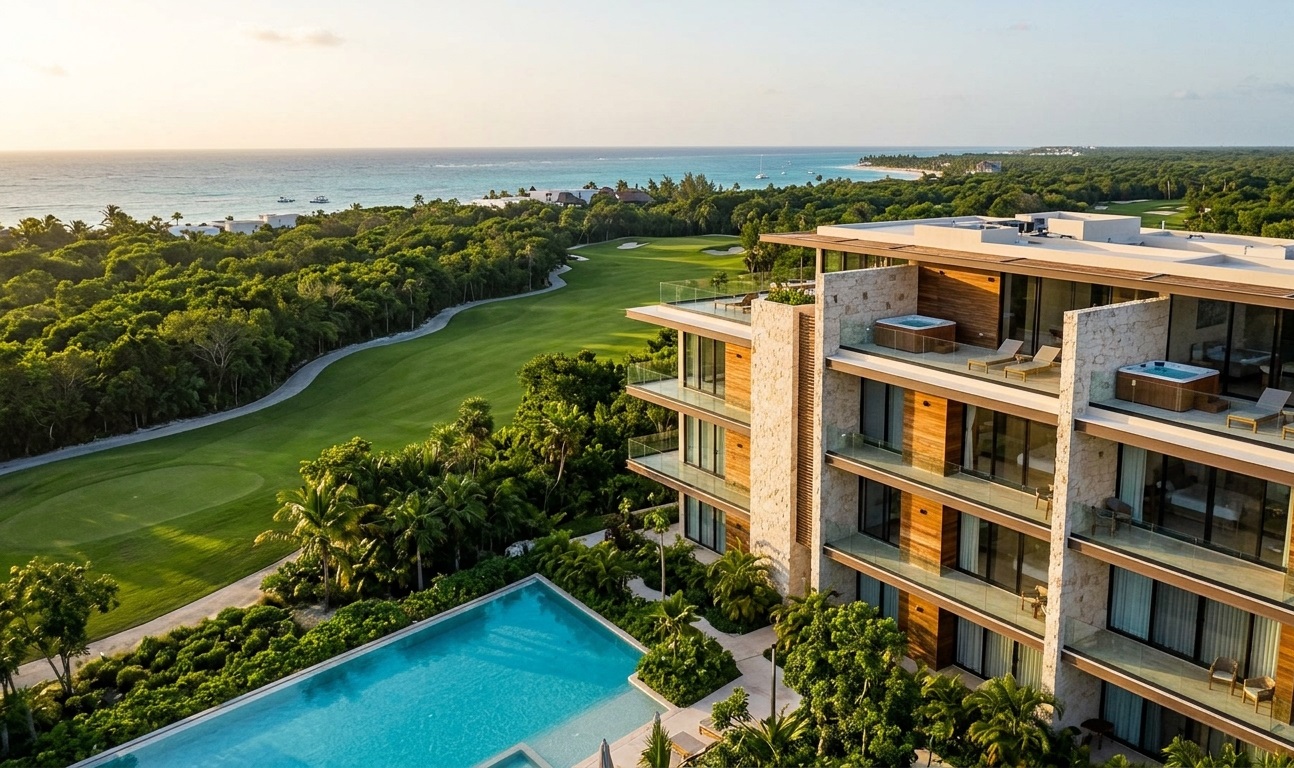 Modern luxury condos overlooking a golf course and the ocean at Tulum Country Club in Mexico.